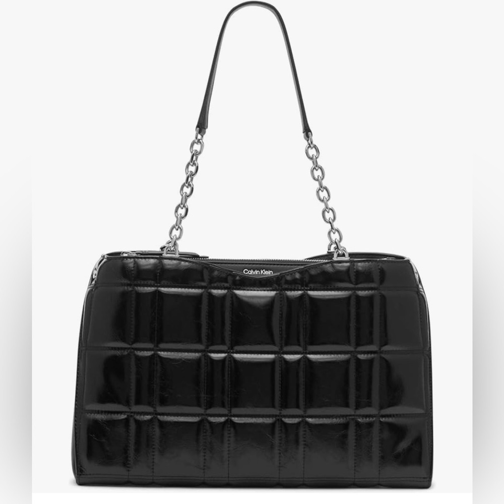 Calvin Klein Nova Triple Chain Tote Black Quilted Patent Leather Handbag